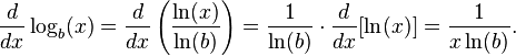 \frac{d}{dx}\log_b(x) = \frac{d}{dx} \left( \frac{\ln(x)}{\ln(b)} \right) = \frac{1}{\ln(b)} \cdot \frac{d}{dx}[\ln(x)] = \frac{1}{x\ln(b)}. 