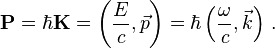 \mathbf{P} = \hbar \mathbf{K} = \left(\frac{E}{c},\vec{p}\right) = \hbar \left(\frac{\omega}{c},\vec{k} \right)\,.