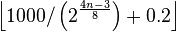 \left\lfloor 1000/\left(2^{\frac{4n - 3}{8}}\right) + 0.2 \right\rfloor