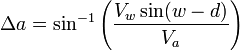 \Delta a=\sin^{-1}\left(\frac {V_w\sin(w-d)}{V_a}\right)