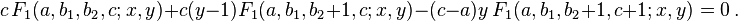 
c \,F_1(a,b_1,b_2,c; x,y) + c(y-1) F_1(a,b_1,b_2+1,c; x,y) - (c-a)y \,F_1(a,b_1,b_2+1,c+1; x,y) = 0 ~.
