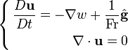 \left\{\begin{align} 
{D \bold u \over Dt}= - \nabla w + \frac 1 {\mathrm{Fr}} \hat{\mathbf g}\\
\nabla\cdot \bold u=0
\end{align} \right.