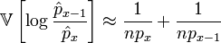 
\mathbb{V}\left[\log \frac{\hat p_{x-1}}{\hat p_x}\right] \approx \frac{1}{np_x} + \frac{1}{np_{x-1}}
