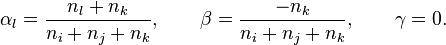 
 \alpha_l = \frac{n_l+n_k}{n_i+n_j+n_k}, \qquad
 \beta =\frac{-n_k}{n_i+n_j+n_k}, \qquad
 \gamma = 0.
