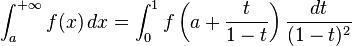 
\int_a^{+\infty}f(x) \, dx =\int_0^1 f\left(a + \frac{t}{1-t}\right) \frac{dt}{(1-t)^2} 