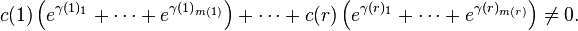 c(1)\left (e^{\gamma(1)_1}+\cdots+ e^{\gamma(1)_{m(1)}} \right ) + \cdots + c(r) \left (e^{\gamma(r)_1}+\cdots+ e^{\gamma(r)_{m(r)}} \right) \ne 0.