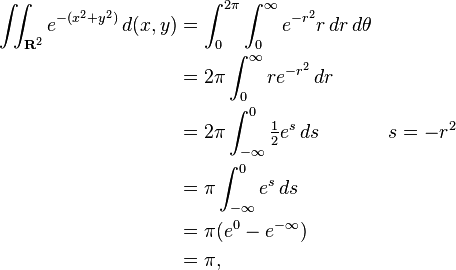 \begin{align}
\iint_{\mathbf{R}^2} e^{-(x^2+y^2)}\,d(x,y)
&= \int_0^{2\pi} \int_0^{\infty} e^{-r^2}r\,dr\,d\theta\\
&= 2\pi \int_0^\infty re^{-r^2}\,dr\\
&= 2\pi \int_{-\infty}^0 \tfrac{1}{2} e^s\,ds && s = -r^2\\
&= \pi \int_{-\infty}^0 e^s\,ds \\
&= \pi (e^0 - e^{-\infty}) \\
&=\pi,
\end{align}