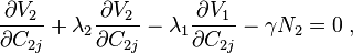  \frac{\partial V_{2}}{\partial C_{2j}}  + \lambda_{2} \frac{\partial V_{2}  }{\partial C_{2j} }  - \lambda_{1} \frac{\partial V_{1} }{\partial C_{2j} } -  \gamma N_{2} = 0 \; , 