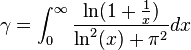 \gamma = \int_0^{\infty}\frac{\ln(1+\frac{1}{x})}{\ln^2(x)+\pi^2} dx