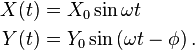  \begin{align}
X(t) &= X_0 \sin \omega t \\ Y(t) &= Y_0 \sin\left(\omega t-\phi\right).
\end{align}