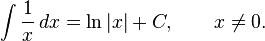 \int \frac{1}{x}\,dx = \ln |x| + C, \qquad x \neq 0.