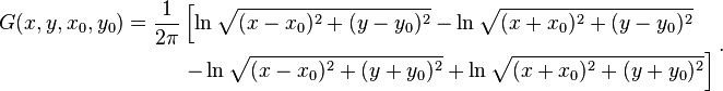 \begin{align}
G(x, y, x_0, y_0) =\dfrac{1}{2\pi} &\left[\ln\sqrt{(x-x_0)^2+(y-y_0)^2}-\ln\sqrt{(x+x_0)^2+(y-y_0)^2} \right. \\
&\left. - \ln\sqrt{(x-x_0)^2+(y+y_0)^2}+ \ln\sqrt{(x+x_0)^2+(y+y_0)^2}\right]
\end{align}    ~.