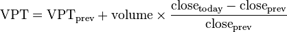 \text{VPT} = \text{VPT}_\text{prev} + \text{volume} \times { \text{close}_\text{today} - \text{close}_\text{prev} \over \text{close}_\text{prev} }