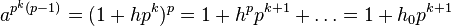 a^{p^k(p-1)}=(1+hp^k)^p=1+h^p p^{k+1}+\dots=1+h_0 p^{k+1}