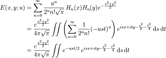 \begin{align}
E(x, y; u) &= \sum_{n=0}^\infty \frac{u^n}{2^n n! \sqrt{\pi}} \, H_n(x) H_n(y) e^{-\frac{x^2+y^2}{2}} \\
& =\frac{e^{\frac{x^2+y^2}{2}}}{4\pi\sqrt{\pi}}\iint\left( \sum_{n=0}^\infty \frac{1}{2^n n!} (-ust)^n \right ) e^{isx+ity - \frac{s^2}{4} - \frac{t^2}{4}}\, \mathrm{d}s\,\mathrm{d}t \\
& =\frac{e^{\frac{x^2+y^2}{2}}}{4\pi\sqrt{\pi}}\iint e^{-ust/2} \, e^{isx+ity - \frac{s^2}{4} - \frac{t^2}{4}}\, \mathrm{d}s\,\mathrm{d}t
\end{align}