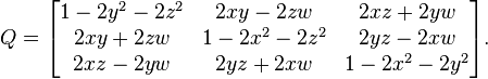  Q = \begin{bmatrix}
    1 - 2 y^2 - 2 z^2 & 2 x y - 2 z w & 2 x z + 2 y w \\
    2 x y + 2 z w & 1 - 2 x^2 - 2 z^2 & 2 y z - 2 x w \\
    2 x z - 2 y w & 2 y z + 2 x w & 1 - 2 x^2 - 2 y^2
\end{bmatrix} . 