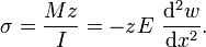 \sigma = \frac{Mz}{I} = -zE ~ \frac{\mathrm{d}^2 w}{\mathrm{d} x^2}.\,