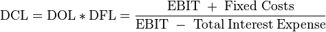 \mathrm{DCL} = \mathrm{DOL * DFL} = \frac{\mathrm{EBIT\;+\;Fixed\;Costs}}{\mathrm{EBIT\;-\;Total\;Interest\;Expense}}