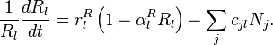 \frac{1}{R_l}\frac{dR_l}{dt} = r^R_l \left( 1-\alpha^R_lR_l \right) - \sum_jc_{jl}N_j.