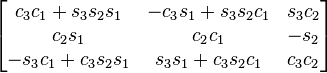 \begin{bmatrix}
 c_3 c_1+s_3 s_2 s_1 &	-c_3 s_1+s_3 s_2 c_1 &	s_3 c_2 \\
 c_2 s_1          &	c_2 c_1 	   &      -s_2 \\
-s_3 c_1+c_3 s_2 s_1 &	s_3 s_1+c_3 s_2 c_1  &  	c_3 c_2
\end{bmatrix}