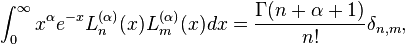 \int_0^\infty x^\alpha e^{-x} L_n^{(\alpha)}(x)L_m^{(\alpha)}(x)dx=\frac{\Gamma(n+\alpha+1)}{n!} \delta_{n,m},