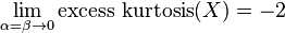  \lim_{\alpha = \beta \to  0} \operatorname{excess \ kurtosis}(X) = - 2