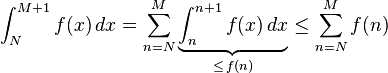 
\int_N^{M+1}f(x)\,dx=\sum_{n=N}^M\underbrace{\int_n^{n+1}f(x)\,dx}_{\le\,f(n)}\le\sum_{n=N}^Mf(n)
