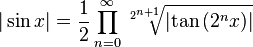 |\sin x| = \frac1{2}\prod_{n = 0}^\infty \sqrt[2^{n+1}]{\left|\tan\left(2^n x\right)\right|}