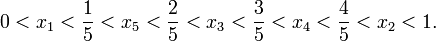 0 < x_1 < \frac{1}{5} < x_5 < \frac{2}{5} < x_3 < \frac{3}{5} < x_4 < \frac{4}{5} < x_2 < 1.