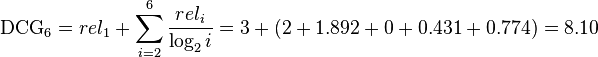 \mathrm {DCG_{6}} =rel_{1}+\sum _{i=2}^{6}{\frac {rel_{i}}{\log _{2}i}}=3+(2+1.892+0+0.431+0.774)=8.10