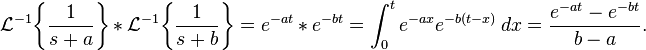  \mathcal{L}^{-1}\! \left\{ \frac{1}{s + a} \right\} * \mathcal{L}^{-1}\! \left\{\frac{1}{s + b} \right\} = e^{-at} * e^{-bt} = \int_0^t e^{-ax}e^{-b(t - x)}\, dx = \frac{e^{-a t}-e^{-b t}}{b - a}.