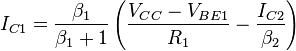 I_{C1} = \frac{\beta_1}{\beta_1 + 1} \left( \frac{V_{CC} - V_{BE1}}{R_1} - \frac{I_{C2}}{\beta_2} \right) 