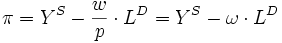 \pi = Y^{S} - \frac{w}{p} \cdot L^{D} = Y^{S} - \omega \cdot L^{D}