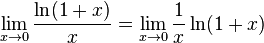 \lim_{x \to 0} \frac{\ln(1+x)}{x} = \lim_{x \to 0} \frac{1}{x}\ln(1+x) \,