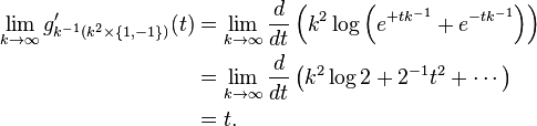 
\begin{align}
\lim_{k \rarr \infty} g'_{k^{-1} (k^2\times \{1,-1\})}(t) & = \lim_{k \rarr \infty} \frac{d}{dt}\left(k^2 \log\left(e^{+t k^{-1}}+e^{-t k^{-1}}\right)\right) \\
& = \lim_{k \rarr \infty} \frac{d}{dt}\left(k^2 \log 2+2^{-1} t^2+\cdots\right) \\
& = t.
\end{align}
