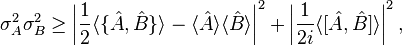 \sigma_{A}^2\sigma_{B}^2 \geq \left| \frac{1}{2}\langle\{\hat{A},\hat{B}\}\rangle - \langle \hat{A} \rangle\langle \hat{B}\rangle \right|^2+ \left|\frac{1}{2i}\langle[\hat{A},\hat{B}]\rangle\right|^2,