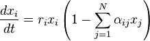 \frac{dx_i}{dt} = r_i x_i \left( 1 - \sum_{j=1}^N \alpha_{ij}x_j \right) 