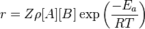 r = Z \rho [A][B] \exp \left( \frac{-E_{a}}{RT} \right)