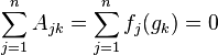 \sum_{j=1}^n A_{jk} = \sum_{j=1}^n f_j(g_k) = 0