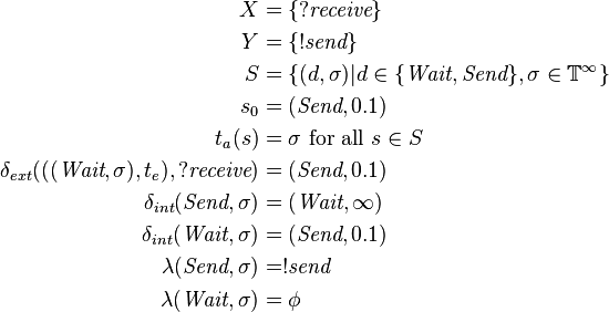 
\begin{align}
 X &= \{?\textit{receive}\}\\
 Y &= \{!\textit{send}\}\\
 S &= \{(d,\sigma)| d \in \{\textit{Wait},\textit{Send}\}, \sigma \in \mathbb{T}^\infty\}\\
 s_0 &= (\textit{Send}, 0.1)\\
 t_a(s) &=\sigma \text{ for all } s \in S\\
\delta_{ext}(((\textit{Wait},\sigma),t_e),?\textit{receive})&=(\textit{Send},0.1)\\
\delta_{int}(\textit{Send},\sigma)&=(\textit{Wait},\infty)\\
\delta_{int}(\textit{Wait},\sigma)&=(\textit{Send},0.1)\\
\lambda(\textit{Send},\sigma)&=!\textit{send}\\
\lambda(\textit{Wait},\sigma)&=\phi
\end{align}
