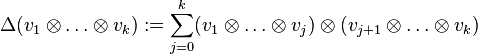 \Delta(v_1 \otimes \dots \otimes v_k) := \sum_{j=0}^{k} (v_1 \otimes \dots \otimes v_j) \otimes (v_{j+1} \otimes \dots \otimes v_k)