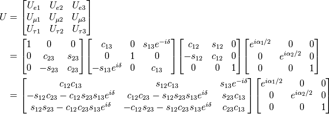 
\begin{align}
U &= \begin{bmatrix}
U_{e 1} & U_{e 2} & U_{e 3} \\
U_{\mu 1} & U_{\mu 2} & U_{\mu 3} \\
U_{\tau 1} & U_{\tau 2} & U_{\tau 3}
\end{bmatrix} \\
&= \begin{bmatrix}
1 & 0 & 0 \\
0 & c_{23} & s_{23} \\
0 & -s_{23} & c_{23}
\end{bmatrix}
\begin{bmatrix}
c_{13} & 0 & s_{13} e^{-i\delta} \\
0 & 1 & 0 \\
-s_{13} e^{i\delta} & 0 & c_{13}
\end{bmatrix}
\begin{bmatrix}
c_{12} & s_{12} & 0 \\
-s_{12} & c_{12} & 0 \\
0 & 0 & 1
\end{bmatrix}
\begin{bmatrix}
e^{i\alpha_1 / 2} & 0 & 0 \\
0 & e^{i\alpha_2 / 2} & 0 \\
0 & 0 & 1 \\
\end{bmatrix} \\
&= \begin{bmatrix}
c_{12} c_{13} & s_{12} c_{13} & s_{13} e^{-i\delta} \\
- s_{12} c_{23} - c_{12} s_{23} s_{13} e^{i \delta} & c_{12} c_{23} - s_{12} s_{23} s_{13} e^{i \delta} & s_{23} c_{13}\\
s_{12} s_{23} - c_{12} c_{23} s_{13} e^{i \delta} & - c_{12} s_{23} - s_{12} c_{23} s_{13} e^{i \delta} & c_{23} c_{13}
\end{bmatrix}
\begin{bmatrix}
e^{i\alpha_1 / 2} & 0 & 0 \\
0 & e^{i\alpha_2 / 2} & 0 \\
0 & 0 & 1 \\
\end{bmatrix} 
\end{align}
