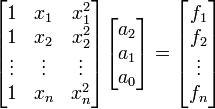 
\begin{bmatrix}
     1      &     x_1     &     x_1^2  \\ 
     1      &     x_2     &     x_2^2  \\
     \vdots &     \vdots  &     \vdots \\
     1      &     x_n    &      x_n^2
\end{bmatrix}

\begin{bmatrix}
     a_2       \\ 
     a_1       \\
     a_0       \\
\end{bmatrix}
=
\begin{bmatrix}
     f_1       \\ 
     f_2       \\
     \vdots    \\
     f_n      
\end{bmatrix}
