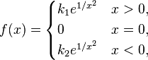 
f(x)= 
\begin{cases}
k_1 e^{1/x^2} &x>0,\\
0 & x=0,\\
k_2 e^{1/x^2} &x<0,
\end{cases}
