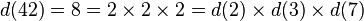 d(42) = 8 = 2 \times 2 \times 2 = d(2) \times d(3) \times d(7)