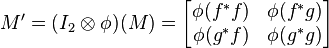 M' = (I_2 \otimes \phi)(M) = \begin{bmatrix} \phi(f^*f) & \phi(f^* g) \\ \phi(g^*f) & \phi(g^*g) \end{bmatrix}