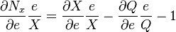  \frac{\partial N_x}{\partial e}\frac{e}{X} = \frac{\partial X}{\partial e}\frac{e}{X} - \frac{\partial Q}{\partial e}\frac{e}{Q} - 1 