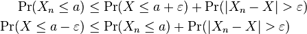 \begin{align}
\operatorname{Pr}(X_n\leq a) &\leq \operatorname{Pr}(X\leq a+\varepsilon) + \operatorname{Pr}(|X_n-X|>\varepsilon) \\
\operatorname{Pr}(X\leq a-\varepsilon)&\leq \operatorname{Pr}(X_n\leq a) + \operatorname{Pr}(|X_n-X|>\varepsilon)
\end{align}