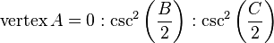  \text{vertex} \, A = 0 : \csc^2\left(\frac{B}{2}\right) : \csc^2\left(\frac{C}{2}\right)