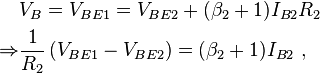 \begin{align}
              &V_B = V_{BE1} = V_{BE2} + (\beta_2 + 1)I_{B2}R_2 \\
  \Rightarrow &\frac{1}{R_2}\left(V_{BE1} - V_{BE2}\right) = (\beta_2 + 1)I_{B2}\ ,
\end{align}